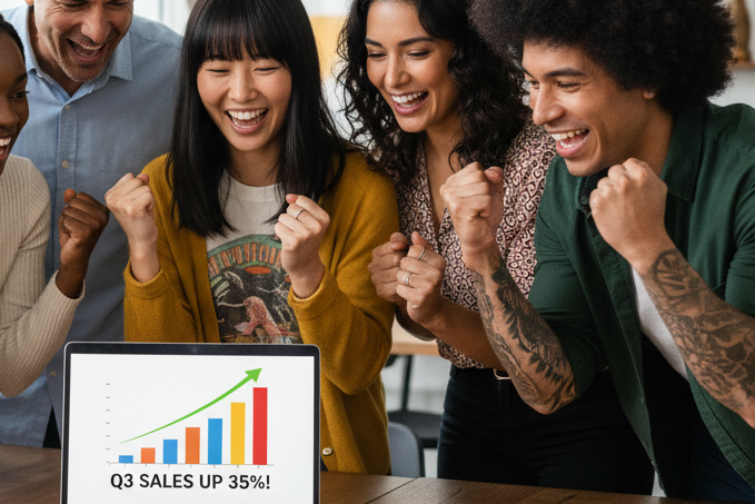Group of people celebrating with a laptop showing Q3 sales growth chart